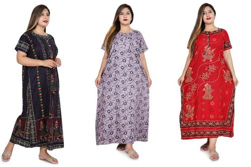 SHREE VITTHAL Women Navy Blue, Maroon, Grey Printed 100% Pure Cotton Pack of 2 Nighty