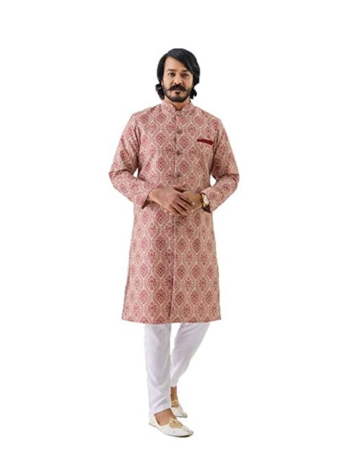 Amzira Men Red Jacquard Sherwani Set - L