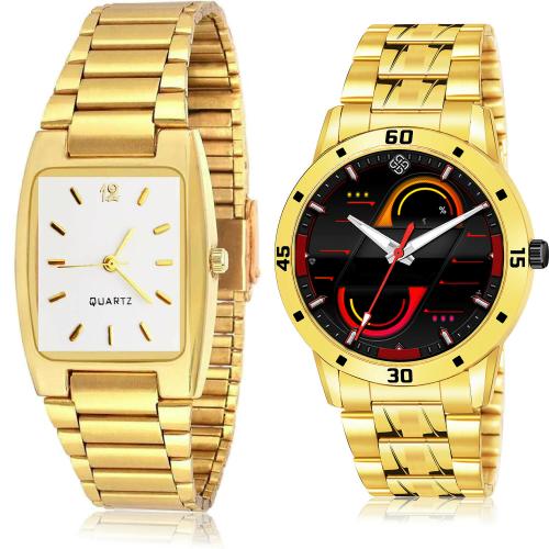 GROOT Brand New Rich Chain And Gold Chain Gold Colour Analog Stainless Steel Belt 2 Watch Combo For Boys And Men - BRM5-(1-S-21)