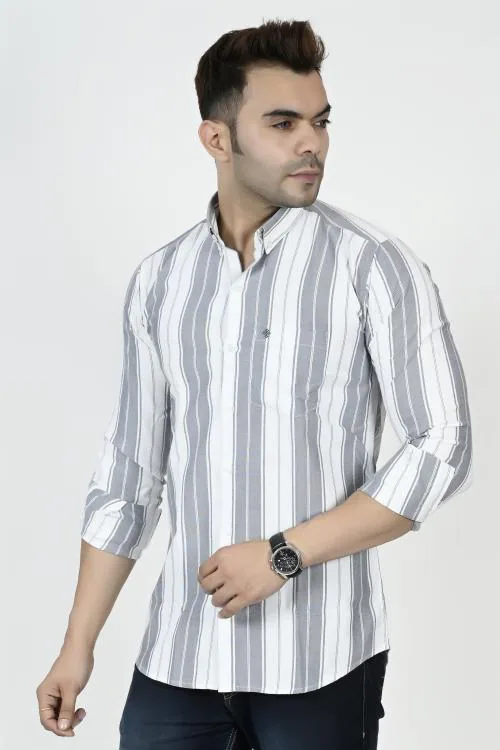 STITCHING ART Men's Italian Cotton Classic Fit Stripe Shirt (Grey White)