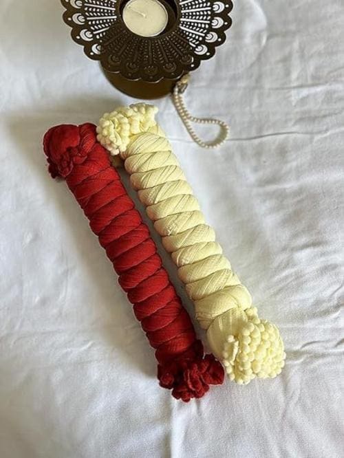 DEEYA M Women's Traditional Solid Casual Dailywear Chiffon Dupatta With Pom Pom Lace Combo 2 (Cream,Red)