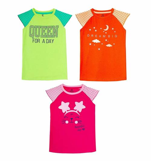 PIP N PAP Girls Multicolor Cotton T-Shirt (Pack of 3)