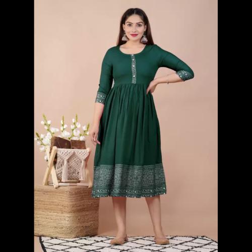 Anshara Fashion Women Solid Viscose Rayon Flared Kurta (Dark Green)