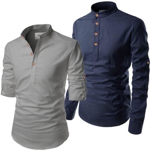 Vida Loca Men Cotton Grey_Navy Blue Color Full Sleeve Casual Mandarin/Chinese Collar Slim Fit Short Kurta For Men and Boys (Pack Of 2)