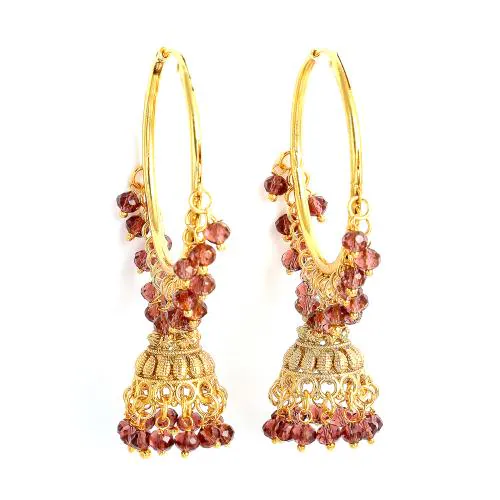 ZENEME Gold-Plated Copper Cubic Zirconia Studded Maroon Hoop Jhumka Earrings for Women & Girls