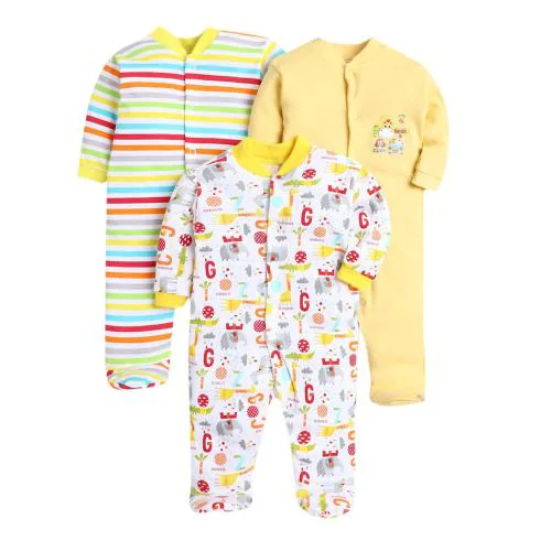 EIO 100% Cotton Rompers/Sleepsuits/Jumpsuit /Night Suits for Newborn Baby Boys & Girls Pack of 3 Yellow 0-3 Months