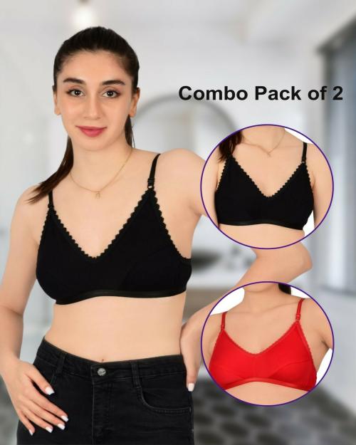 bare dezire Comfy-Fit Non-Padded Wire-Free Bra For Women | Redefining luxury and Style for casual wear - Black & Red, Size - 32