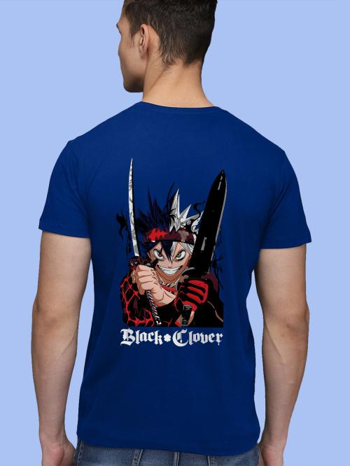 BLISSINK Anime Fighter Front And Back Printed Blue Cotton Tshirt for Men