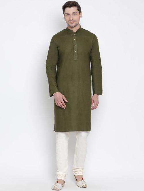 Vastramay Men's Green Cotton Linen Blend Kurta Pyjama Set