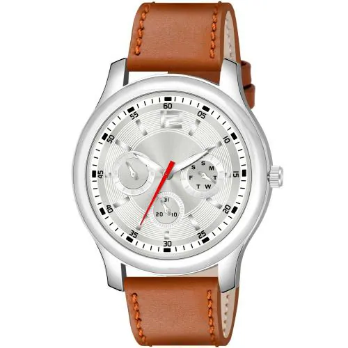 KIROH Silver Dial Stylish Leather Strep Analog Watch For Men and Boy