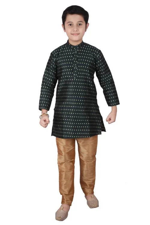 Pro-Ethic Style Developer Kid's Jacquard Silk Dark Green Kurta Pajama Set For Boys