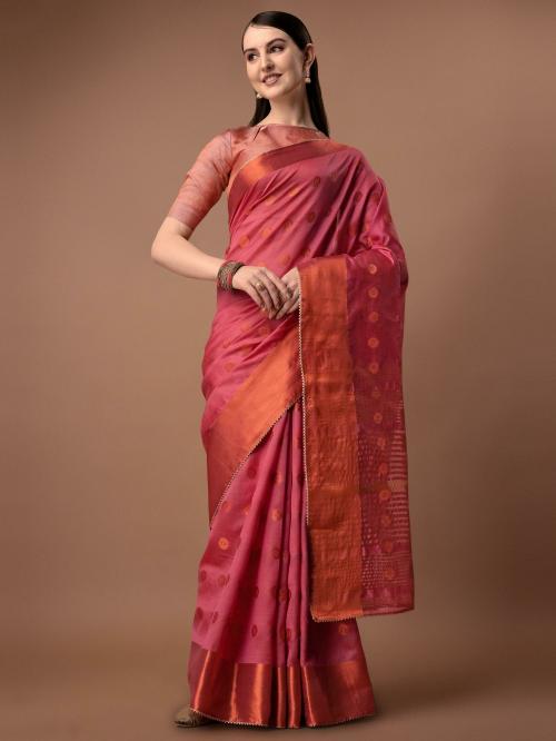 SILENA Women Bronze Pink Red Woven Design Silk Blend Saree (Free Size)