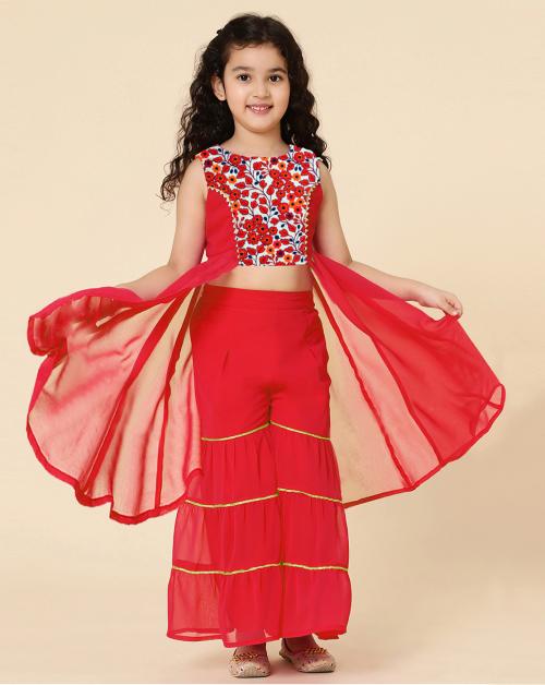 A.T.U.N. Girls Embroidered Red Sharara Set