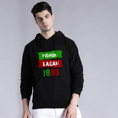 BRATMA Men Black Mohan Bagan Printed Cotton Hoodie T-Shirt (S)