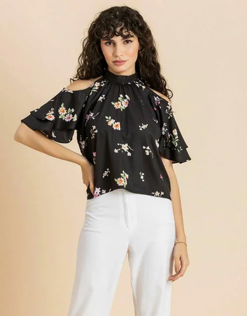 Moomaya Women's Printed Cold Shoulder Top, Ruffled Sleeves Casual Crop Top