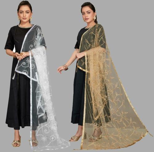 Fabflick Women White Self Design Net Pack Of 2 Dupatta