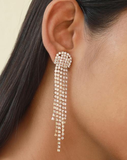 Ayesha Contemporary White Diamante Crystal Studded Gold-Toned Long Tassel Drop Earrings