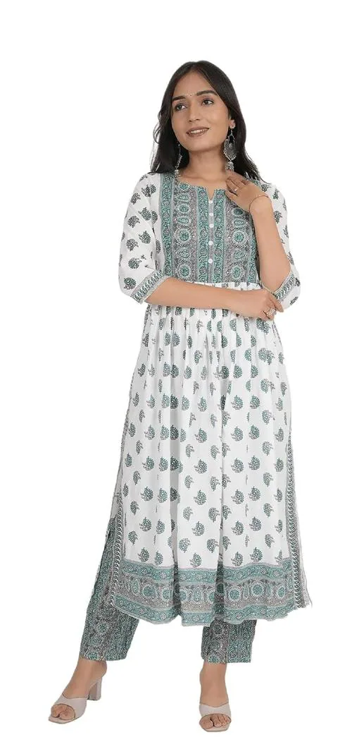 ARNIM Women Tana Bana Nayra Cut Printed Cotton Rayon Flared Kurta with Pant For Woman's (Green)