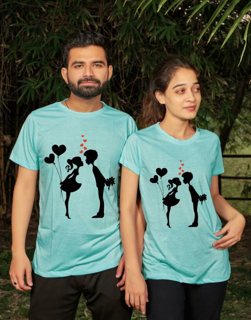 Tween Trends Printed Couple Round Neck Light Blue T-Shirt - XXL