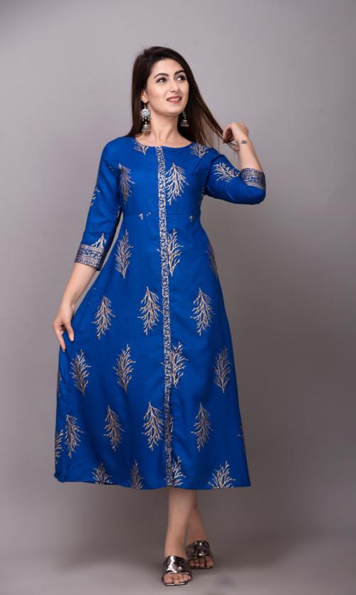 EXPORTHOUSE Teal Blue Rayon Printed kurti Stitched Suit for Party or Casual Wear with 3/4th Sleeves