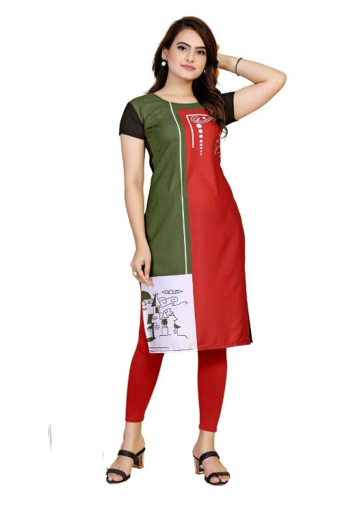Reeta Fashion Stylish Mehendi/Red American Crepe Digital Print Kurti