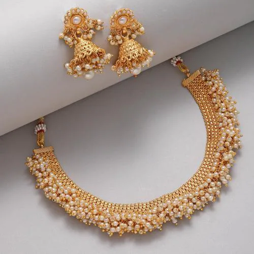 ZENEME Gold-Plated Off White Pearl Beaded Temple Jewellery Set for Women