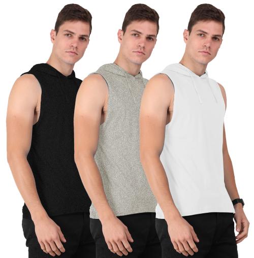 THE BLAZZE Men's Cotton Hooded Sleeveless Gym Tank Gym Stringer Tank Top Muscle Gym Bodybuilding Vest T-Shirt Combo Pack of 3
