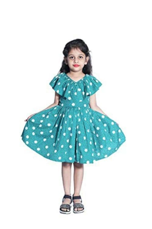 Wish Little Girls Green Polyester Polka Dots Knee Length Short Frock Dress - 10 Y