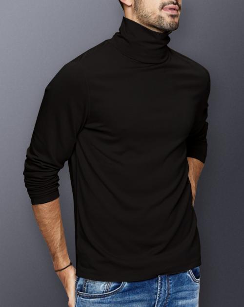 Noble Monk Men's High Neck Regular Fit Full Sleeves Solid Black T-Shirt