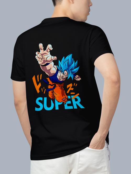 BLISSINK Super Saiyan Dragon Ball Z Front And Back Printed Black Cotton Tshirt for Men