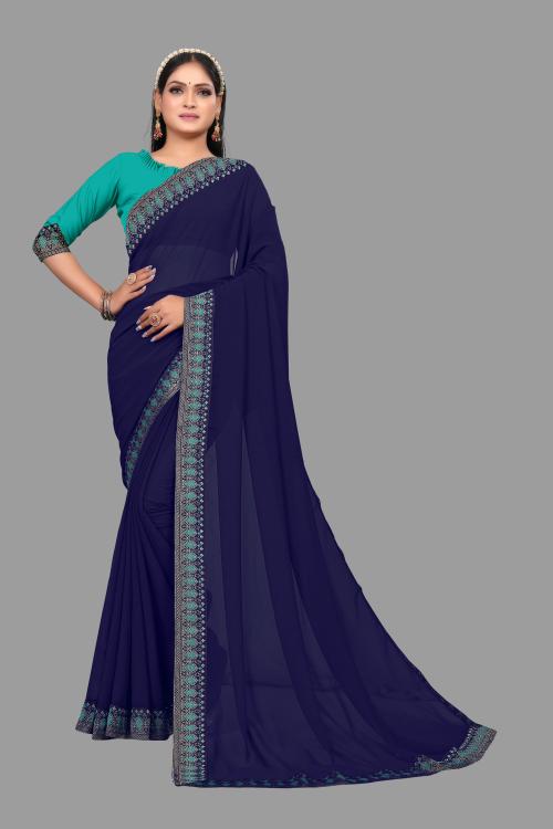 sadika women's solid plain daily wear navy blue georgette saree