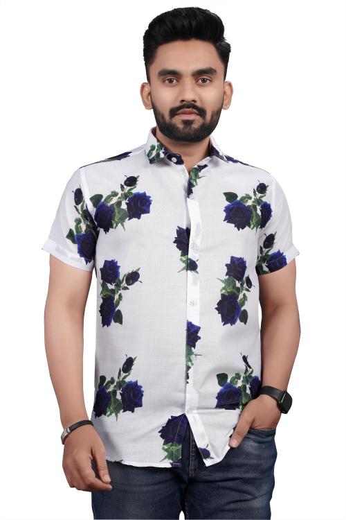 NH TAX Men White, Purple Floral Print Cotton Blend Casual Shirt (M)