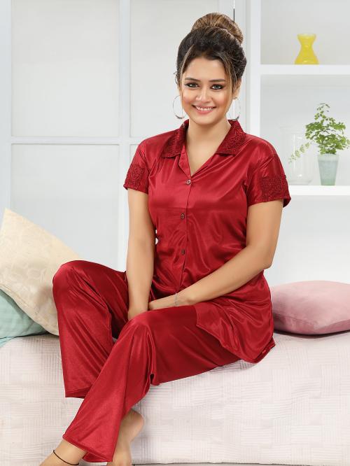 Ladyvenom Maroon Color Solid Night Suit for Women/Girls (S)