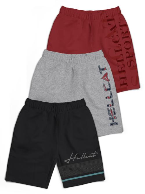 HELLCAT Pack of 3 Black Grey Melange Maroon Trendy Typographic With Branding Printed Shorts for Boys