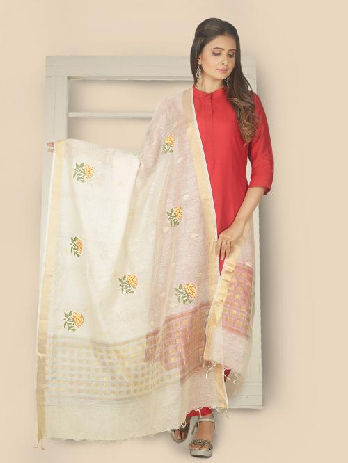 Sanwara Women's Cream Silk- Jute Woven Dupatta With Embellishments