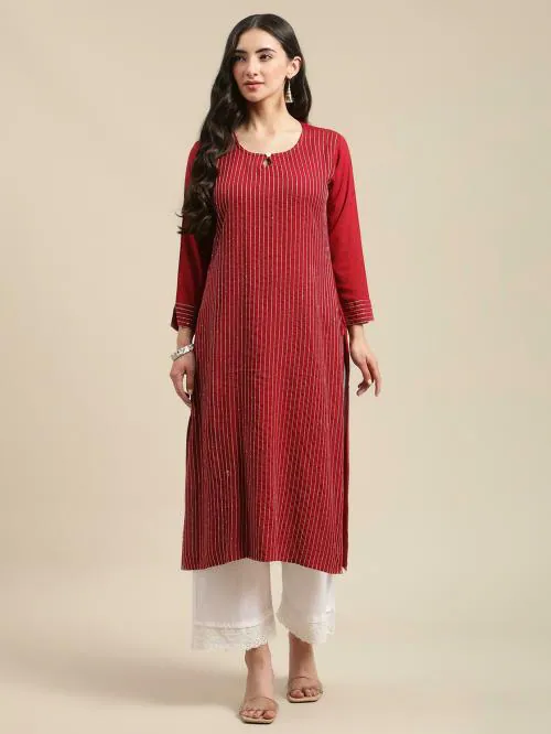 KSUT(House of Varanga) Women Maroon & White Embroidered Kurta