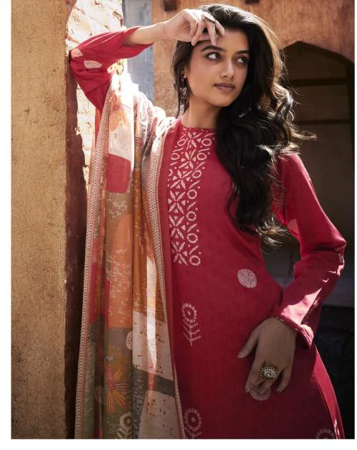 THE JAZZBAAT Women's Unstitch Digital Printed Jam Cotton Suit Fabric With Embroidery And Musline Dupatta/Chunni | Unstitched Kurta Set | Salwar Suits For Women | Dress Material For Women (Red)