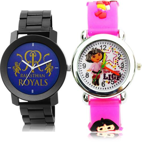GROOT Latest Present Rajasthan Royals (Rr) Ipl Chain And Dora The Explorer Kids Black And Pink Colour Analog Metal And Plastic Belt 2 Watch Combo For Boys And Men - IPL17-BK194