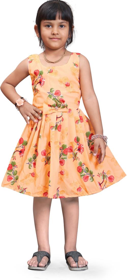 Selvifab Girls Orange Printed Crepe Midi Length Casual Dress (12-13 Years)