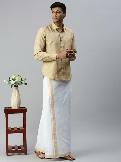 RAMRAJ Men Cotton Matching Border Adjustable Dhoti with Full Sleeve Mustard shirt (40; Mustard)