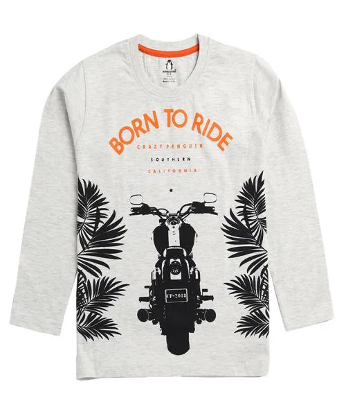 CRAZYPENGUIN ELITE Boys Chest Print Full Sleeve T-Shirt|Grey (14-15 Years)