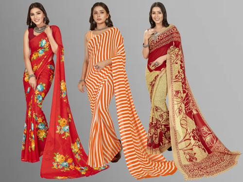 Kashvi Women Multicolor8 Self Design Georgette Pack of 3 Saree With Blouse Piece