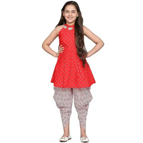 Curly Tales Girls Red Poly Cotton Kurta With Dhoti (11 Years-12 Years)