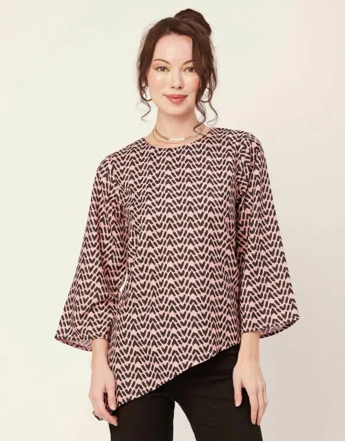 Moomaya Printed Asymmetric Tops For Women, Poly Rayon Long Sleeve Tunic Top