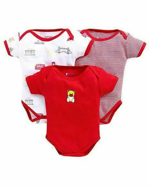 MM IMPEX Baby Boys and Girls Red Printed Cotton Blend Pack of 3 Romper 0-3 MONTHS| Rompers |Sleepsuits | Jumpsuit |Body suits