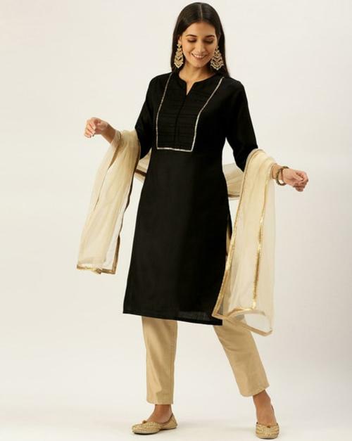 VEDIC Women Black Solid Cotton Straight Kurta with Pant and Dupatta (S)