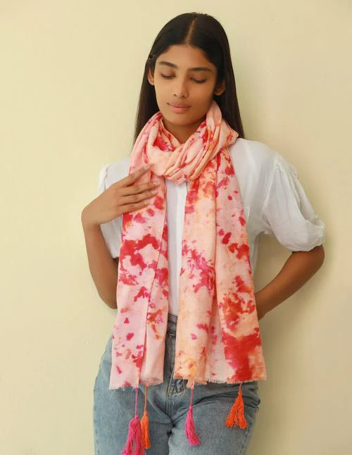 Ayesha Pink & Orange Tie & Dye Modal Scarf with Fringes & Long Tassels