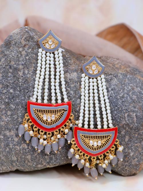 CRUNCHY FASHION Traditional Gold-Plated White & Grey Pearl Pasa Earrings Alloy Drops & Danglers ()