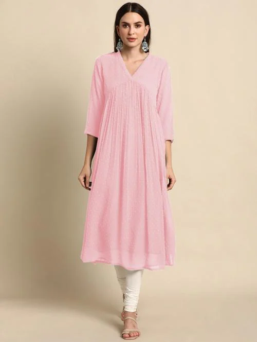 WOMEN VILLAGE Women Pink Self Design Georgette Fit and Flare Dress - S