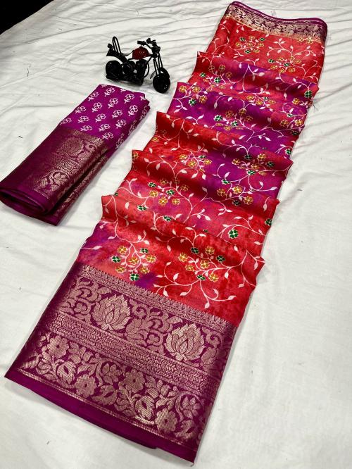 VIBRANCE Banaras Silk Shalu Saree With Contrast Blouse Piece For Women (Red)